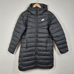 Nike Therma-FIT Puffer Coat Womens Small Black Long Hooded Down Winter Jacket